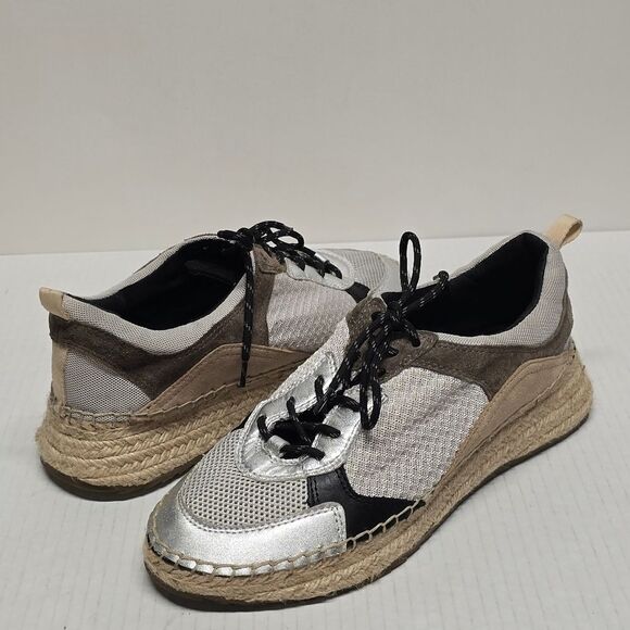 Marc Fisher Janette 4 Silver Leather And Fabric Espadrille Sneakers 9 - Picture 1 of 8
